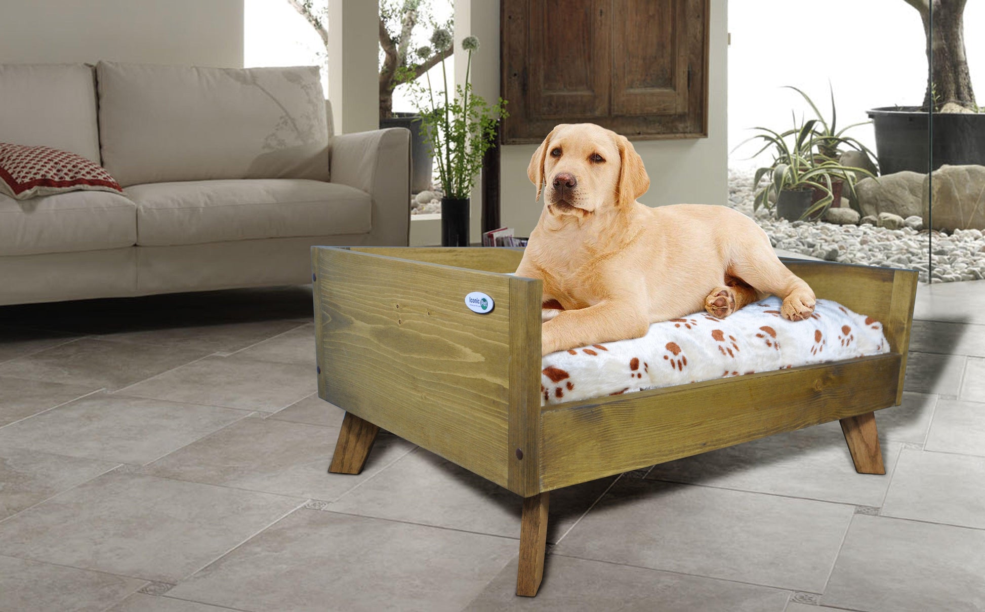 Sassy Paws Raised Wooden Pet Bed with Removable Cushion - Iconic Pet, LLC