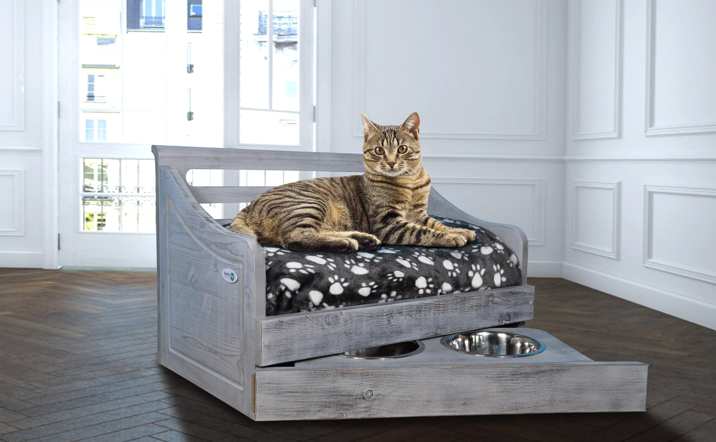 Sassy Paws Multipurpose Wooden Pet Bed with Feeder - Iconic Pet, LLC