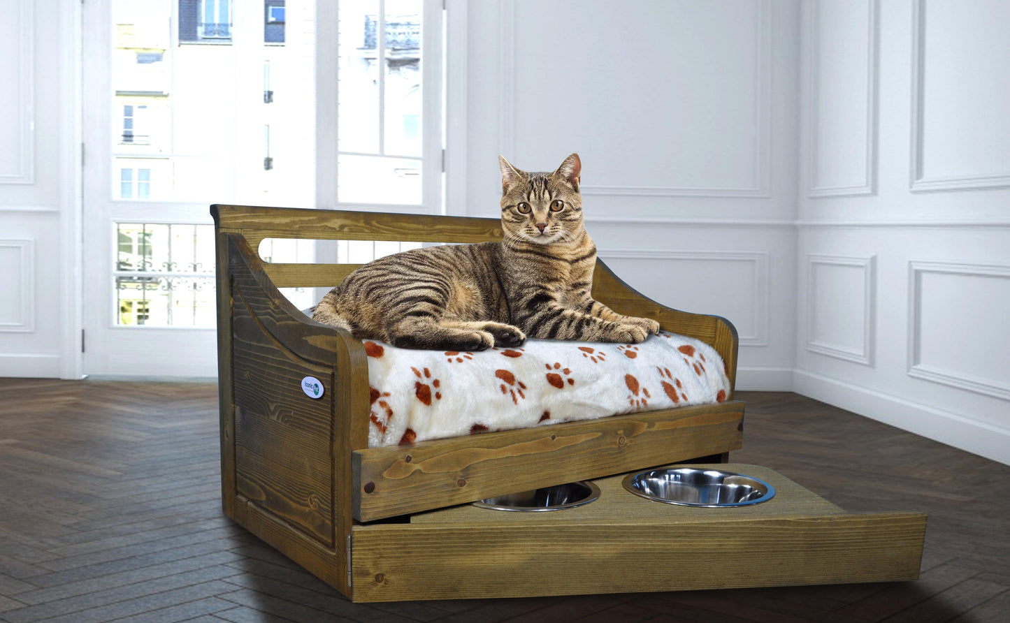 Sassy Paws Multipurpose Wooden Pet Bed with Feeder - Iconic Pet, LLC