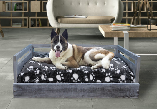Sassy Paws Wooden Pet Bed with Paw Printed Comfy Cushion