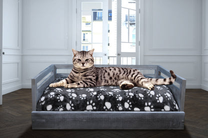 Sassy Paws Wooden Pet Bed with Paw Printed Comfy Cushion