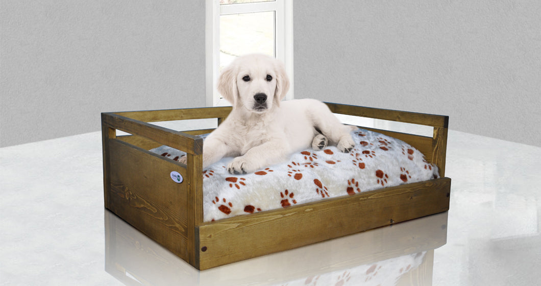 Sassy Paws Wooden Pet Bed with Paw Printed Comfy Cushion