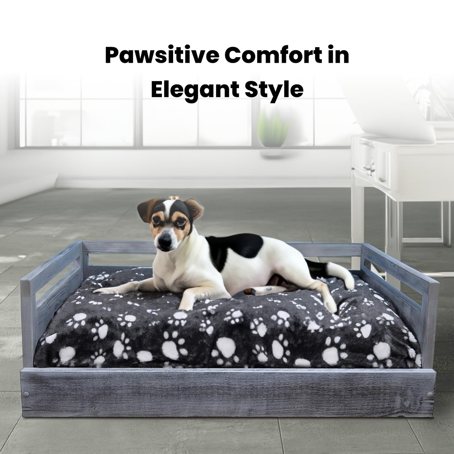 Sassy Paws Wooden Pet Bed with Paw Printed Comfy Cushion