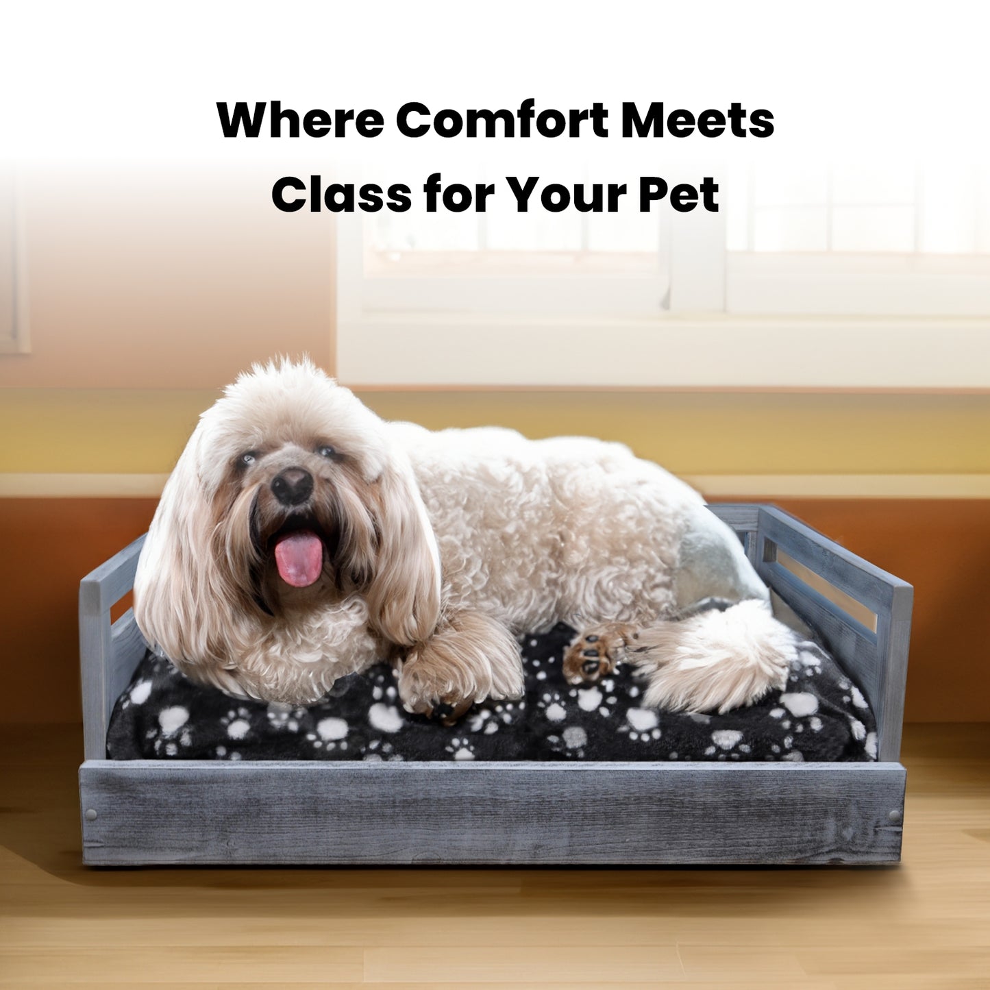 Sassy Paws Wooden Pet Bed with Paw Printed Comfy Cushion