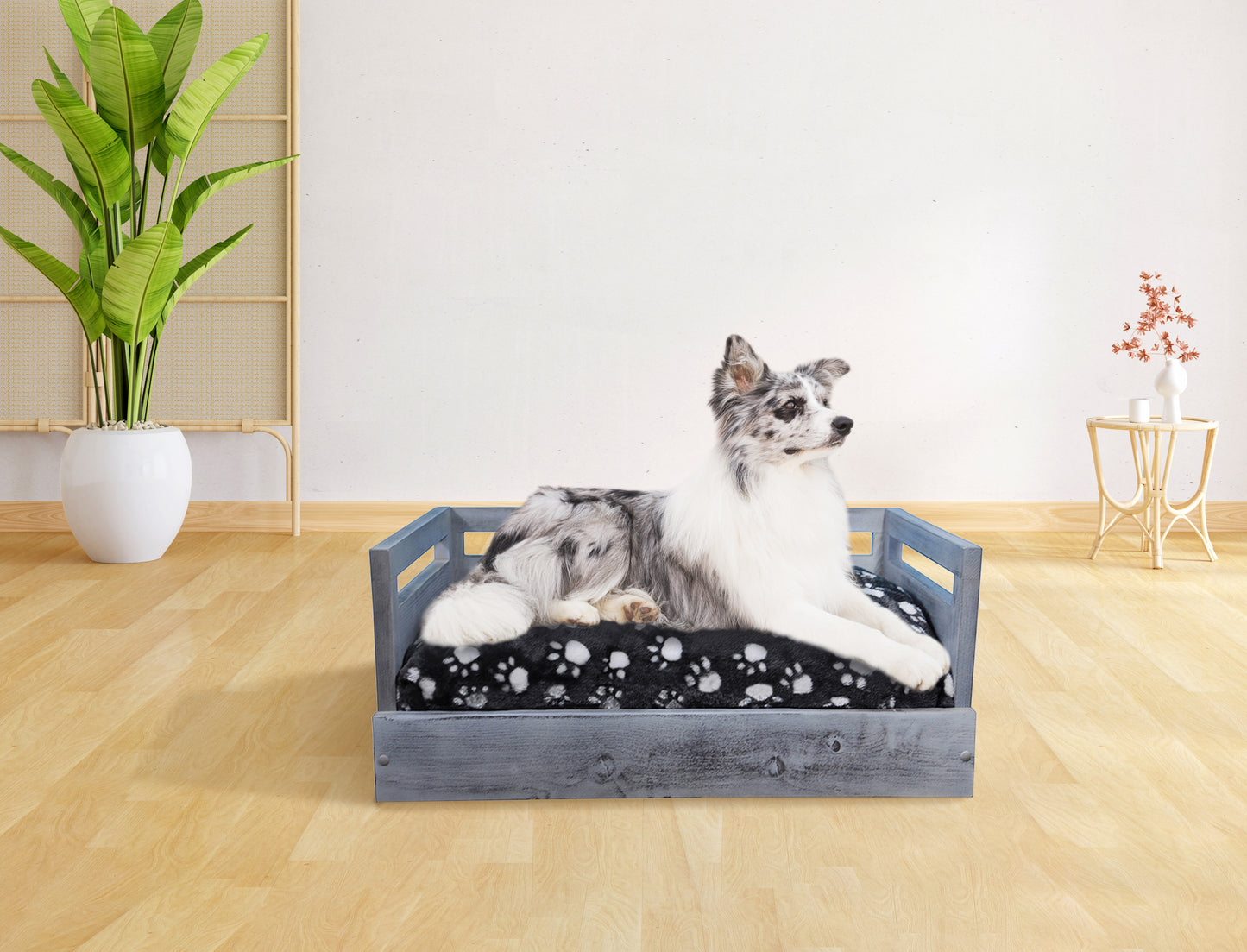 Sassy Paws Wooden Pet Bed with Paw Printed Comfy Cushion