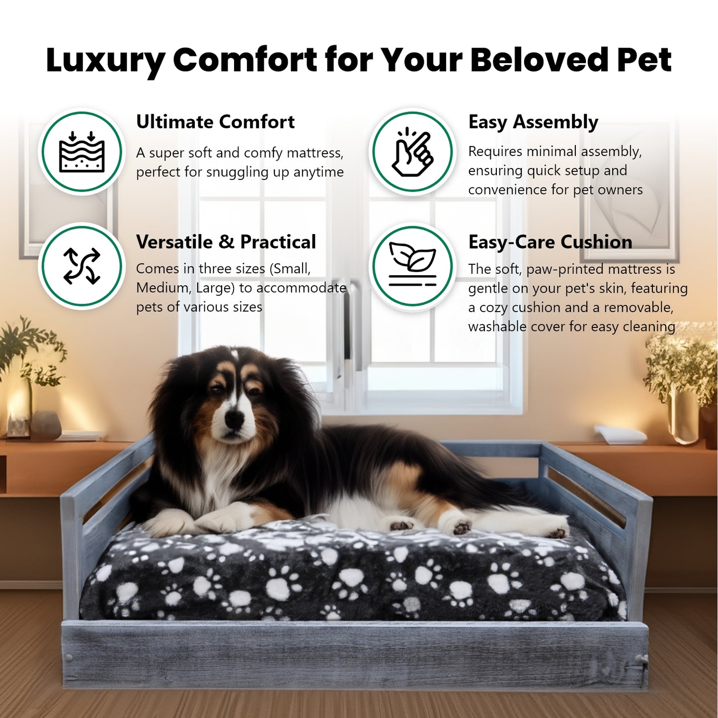 Sassy Paws Wooden Pet Bed with Paw Printed Comfy Cushion