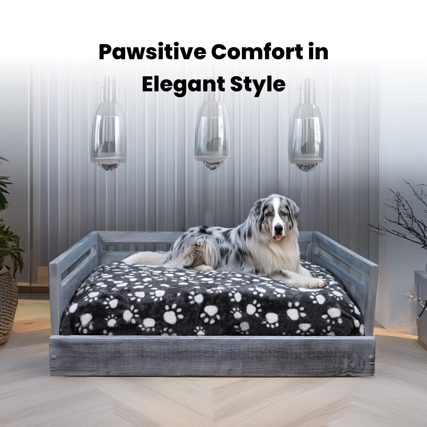 Sassy Paws Wooden Pet Bed with Paw Printed Comfy Cushion