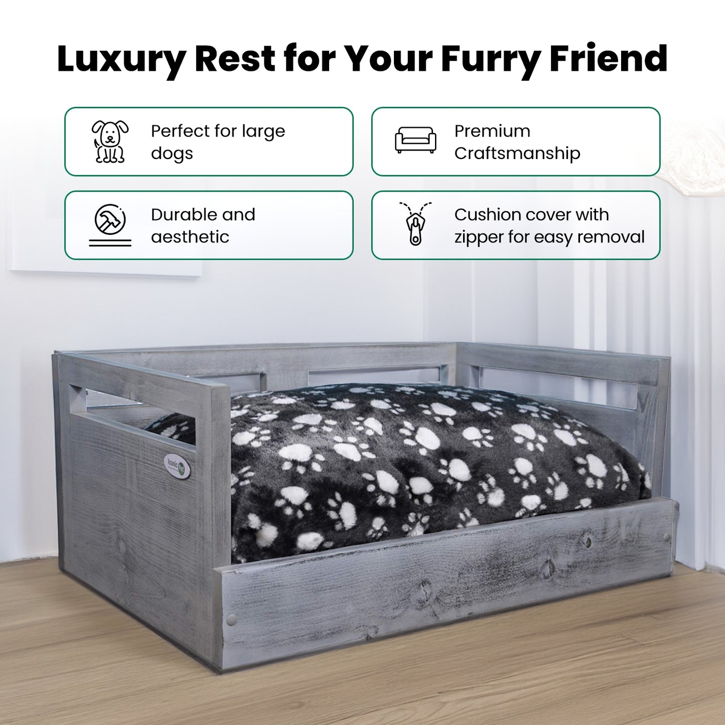 Sassy Paws Wooden Pet Bed with Paw Printed Comfy Cushion
