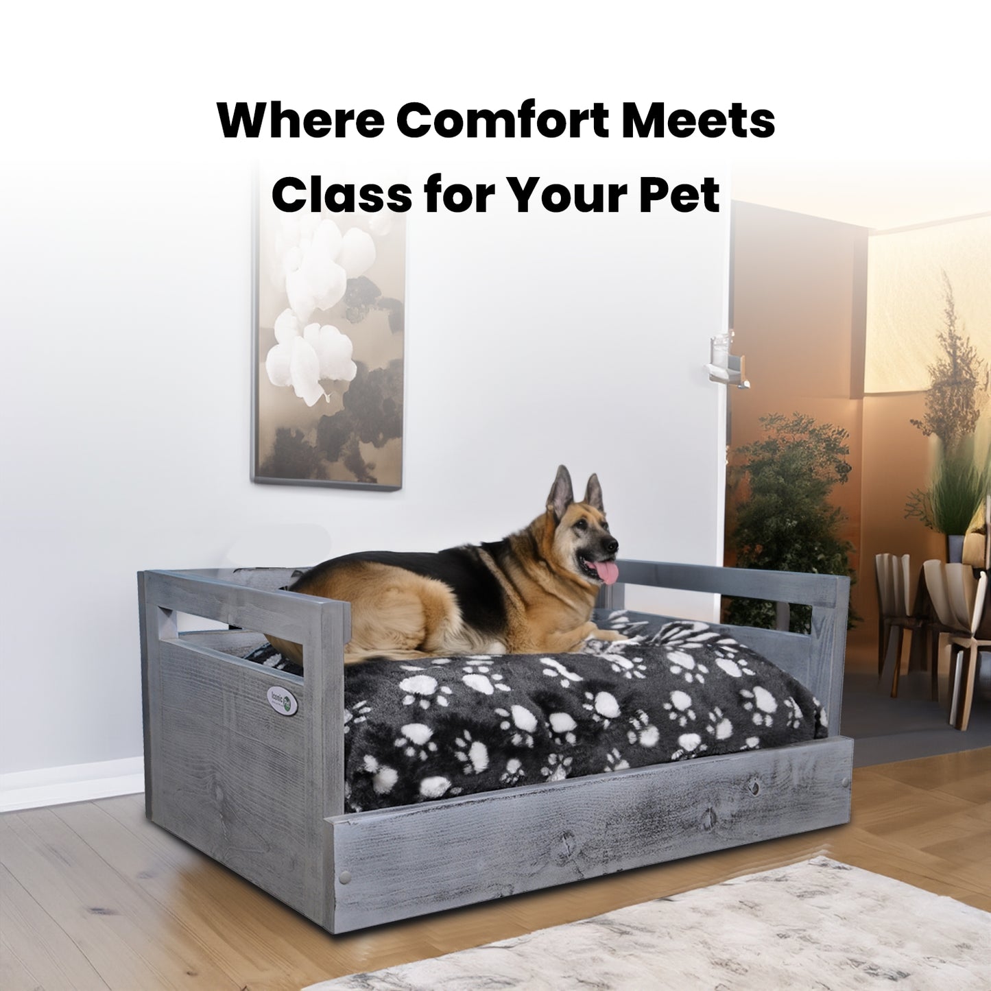 Sassy Paws Wooden Pet Bed with Paw Printed Comfy Cushion