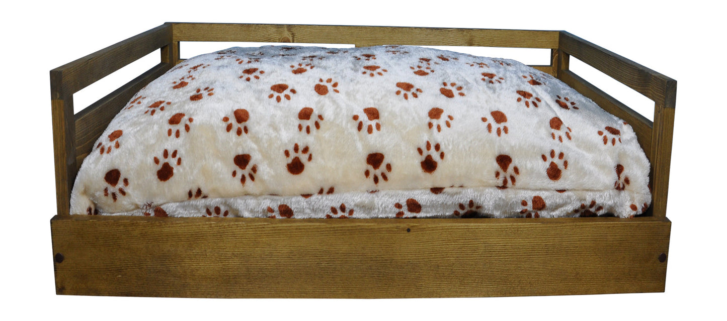 Sassy Paws Wooden Pet Bed with Paw Printed Comfy Cushion