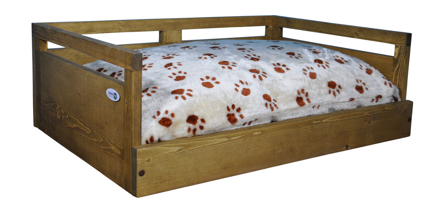 Sassy Paws Wooden Pet Bed with Paw Printed Comfy Cushion