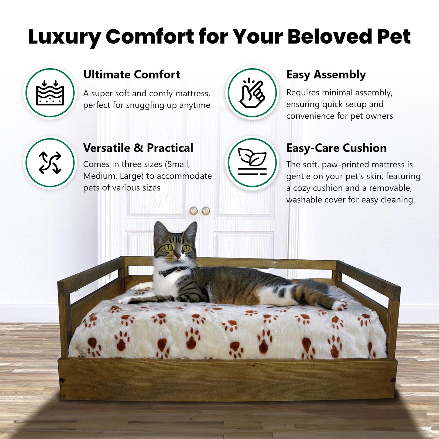 Sassy Paws Wooden Pet Bed with Paw Printed Comfy Cushion