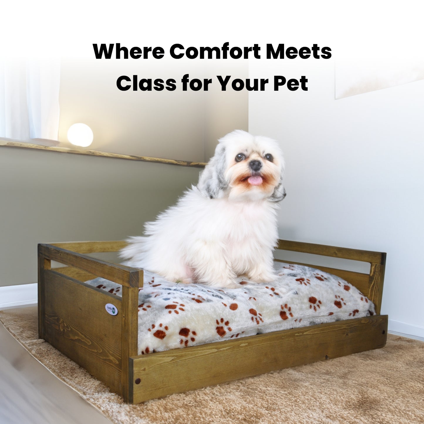 Sassy Paws Wooden Pet Bed with Paw Printed Comfy Cushion