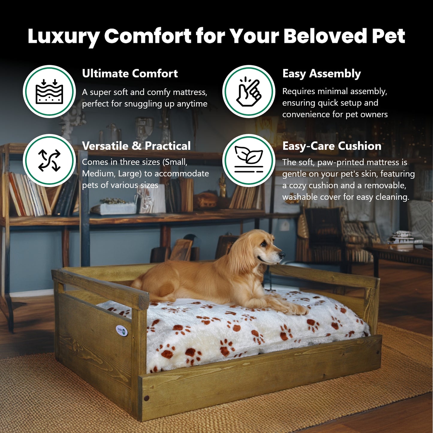 Sassy Paws Wooden Pet Bed with Paw Printed Comfy Cushion