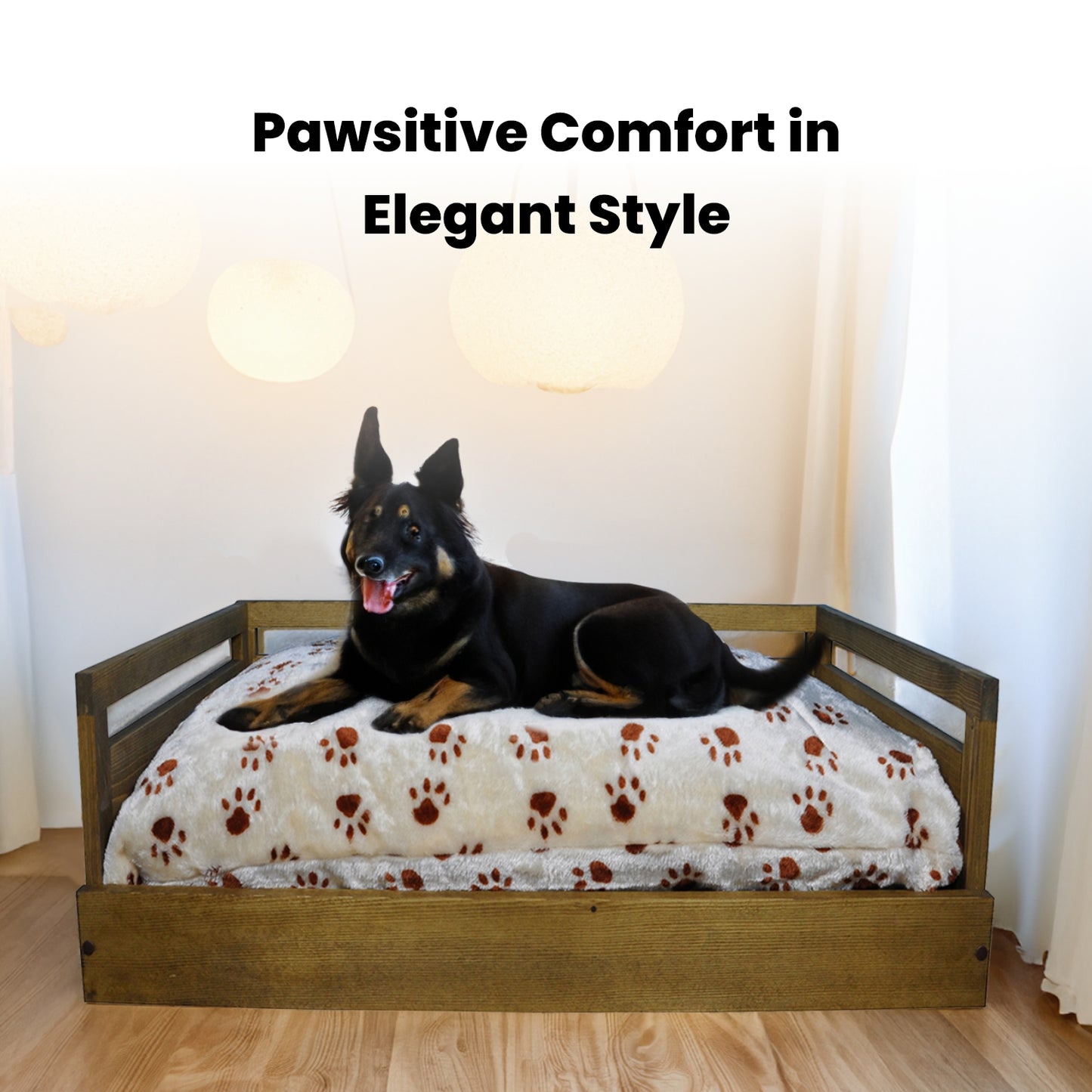 Sassy Paws Wooden Pet Bed with Paw Printed Comfy Cushion
