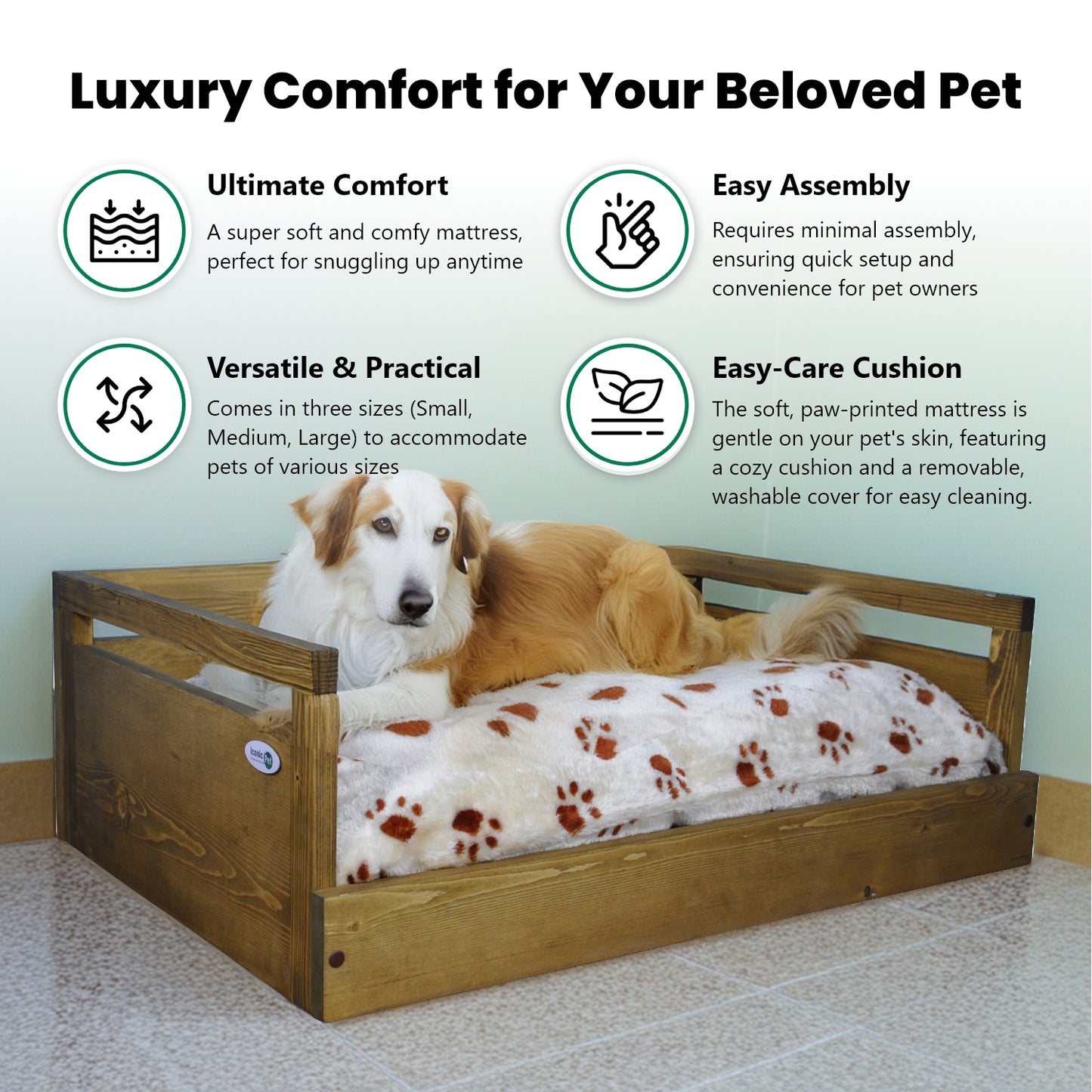 Sassy Paws Wooden Pet Bed with Paw Printed Comfy Cushion