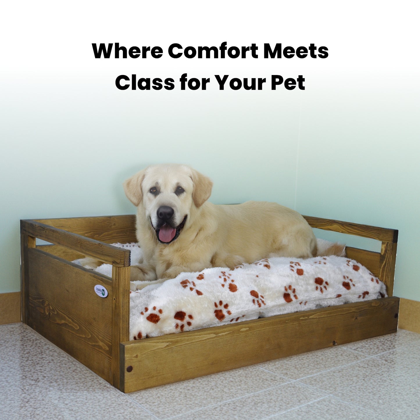 Sassy Paws Wooden Pet Bed with Paw Printed Comfy Cushion