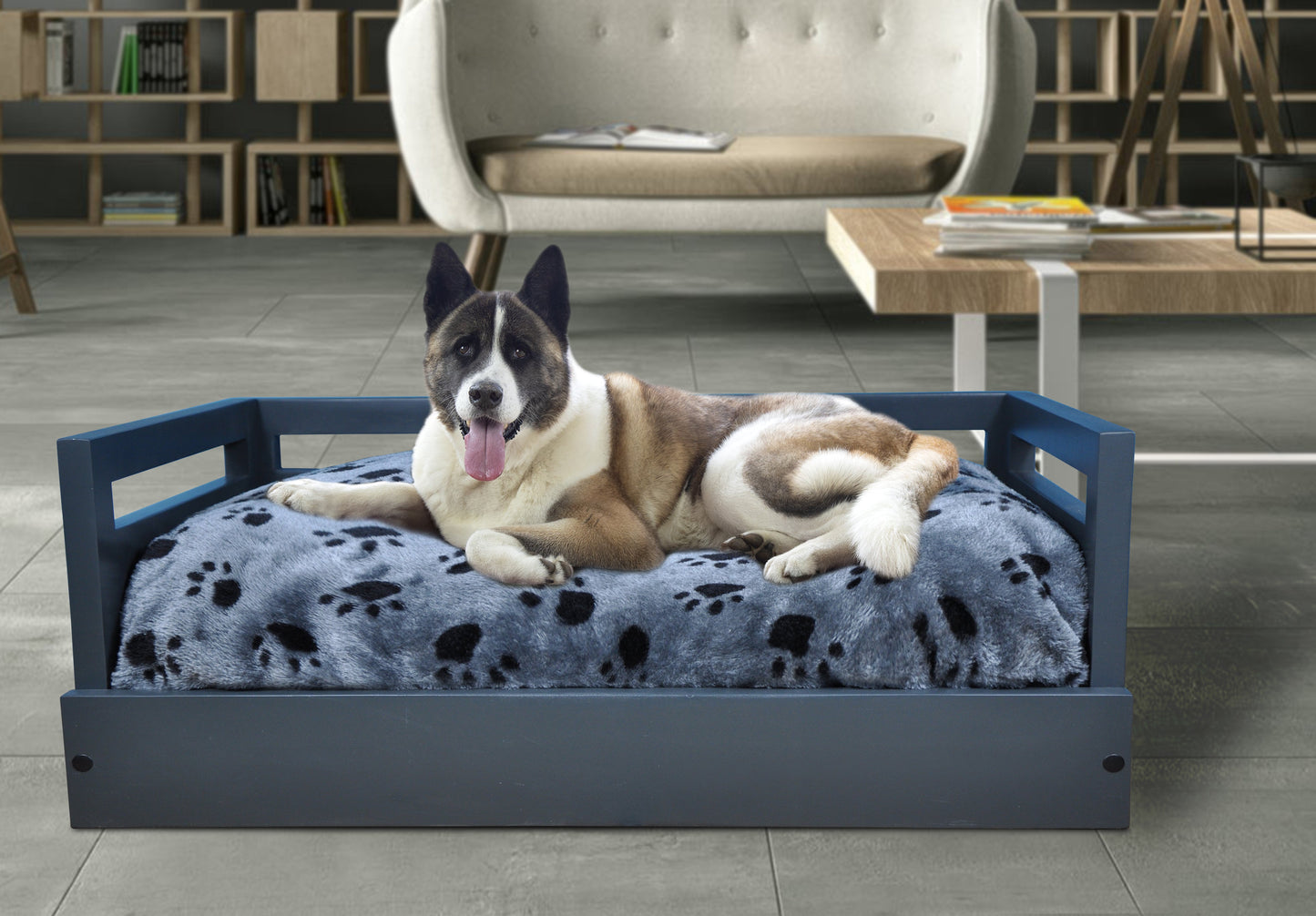 Sassy Paws Wooden Pet Bed with Paw Printed Comfy Cushion