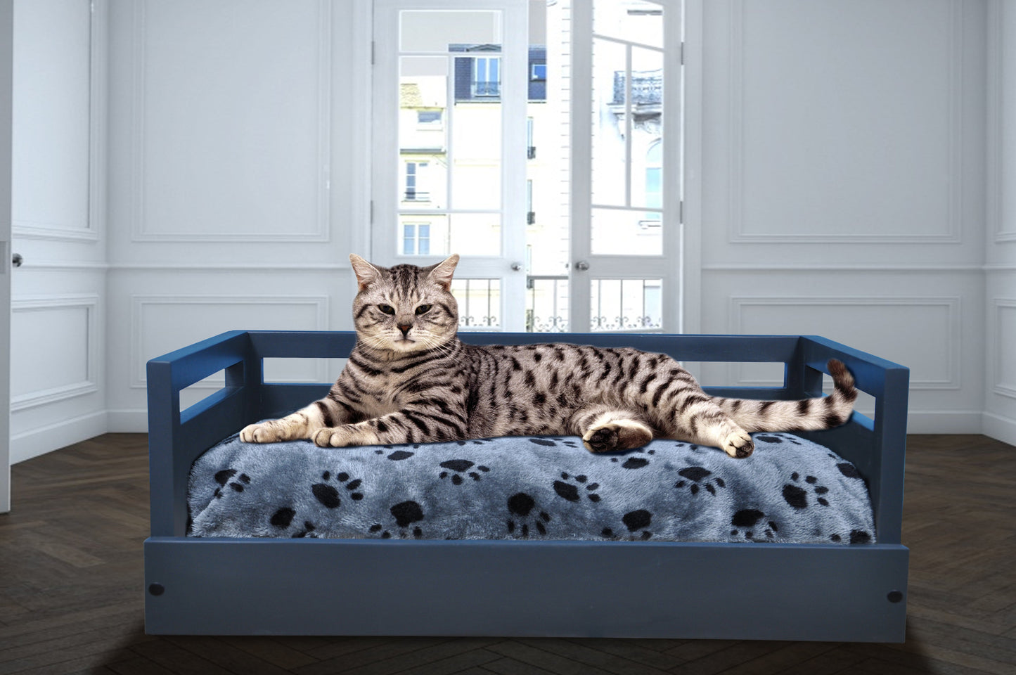 Sassy Paws Wooden Pet Bed with Paw Printed Comfy Cushion