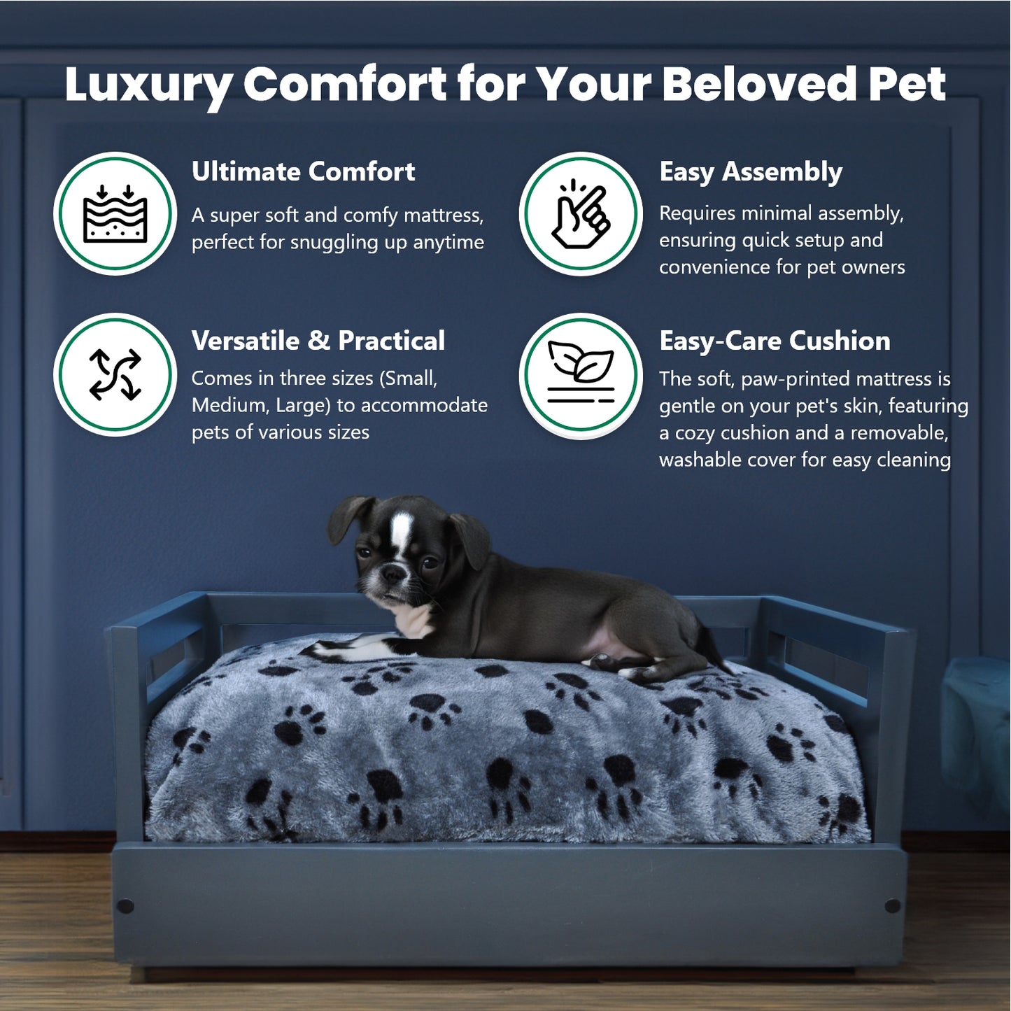 Sassy Paws Wooden Pet Bed with Paw Printed Comfy Cushion