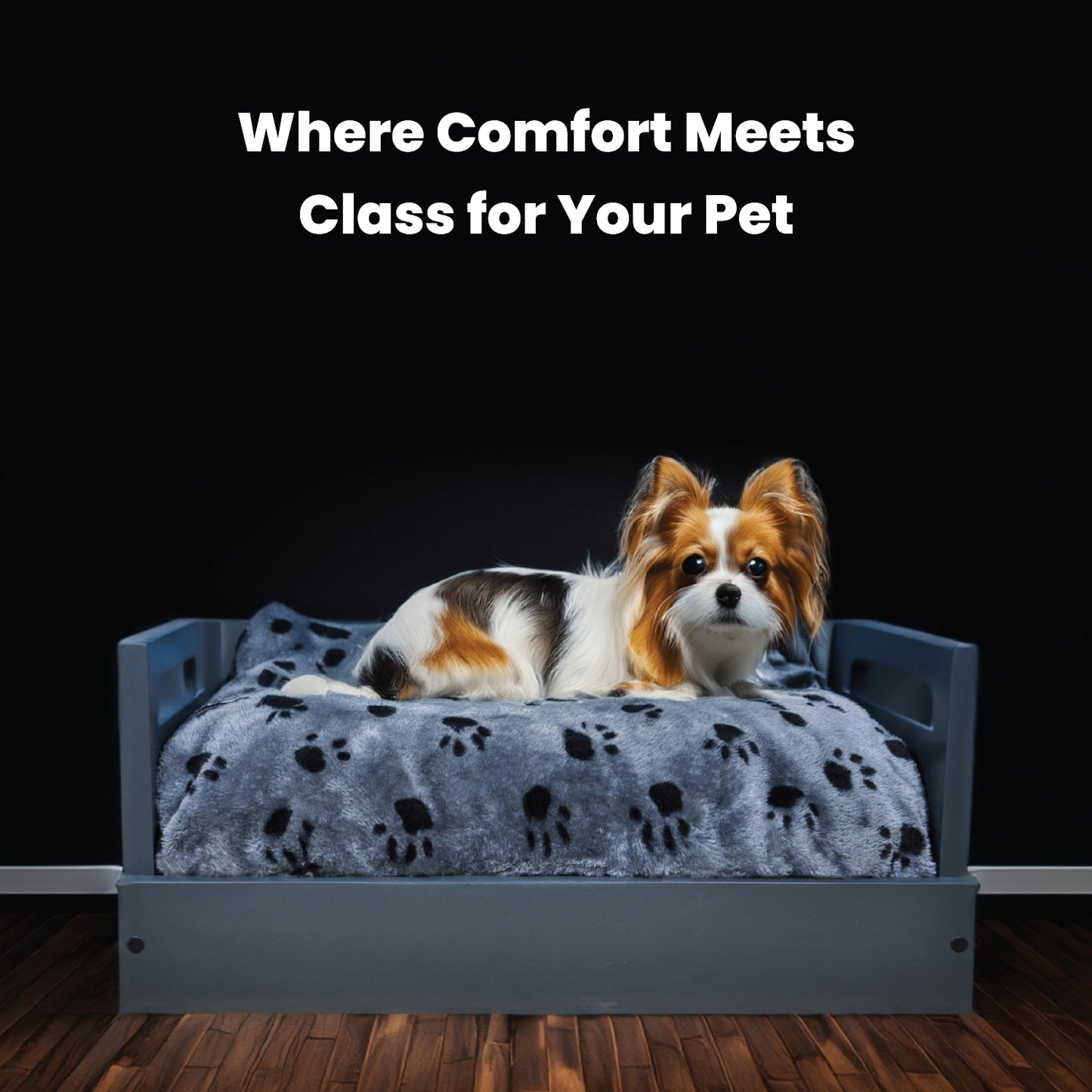 Sassy Paws Wooden Pet Bed with Paw Printed Comfy Cushion