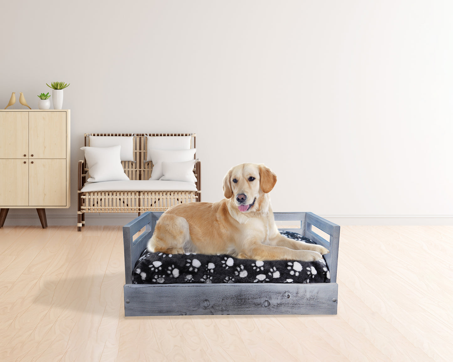 Sassy Paws Wooden Pet Bed with Paw Printed Comfy Cushion