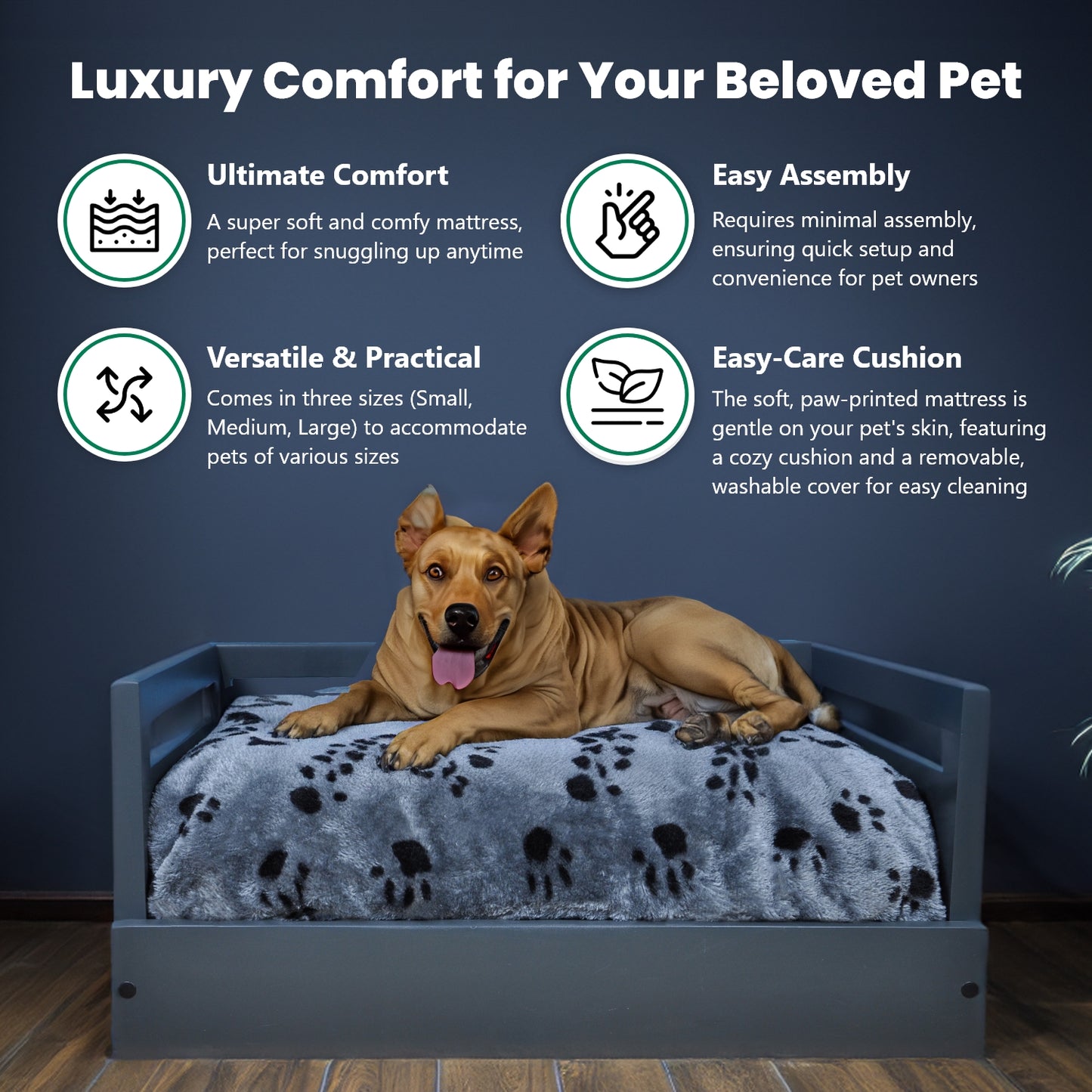 Sassy Paws Wooden Pet Bed with Paw Printed Comfy Cushion