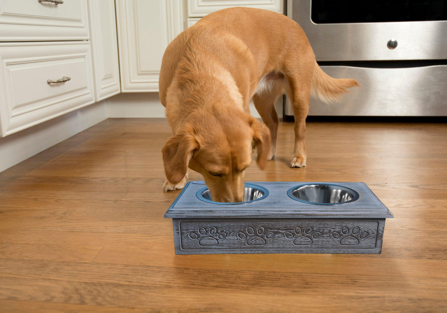 Sassy Paws Wooden Pet Double Diner with Stainless Steel Bowls - Iconic Pet, LLC