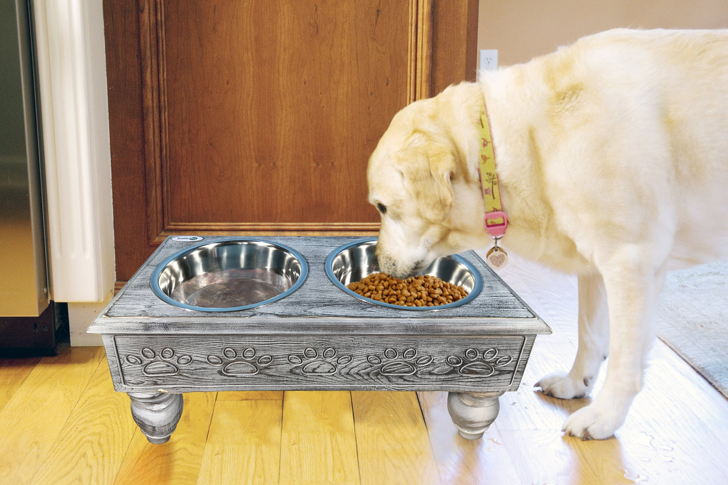 Sassy Paws Raised Wooden Pet Double Diner with Stainless Steel Bowls