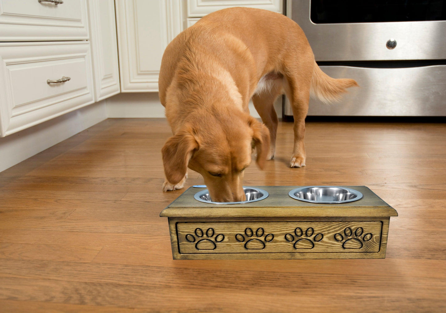 Sassy Paws Wooden Pet Double Diner with Stainless Steel Bowls - Iconic Pet, LLC