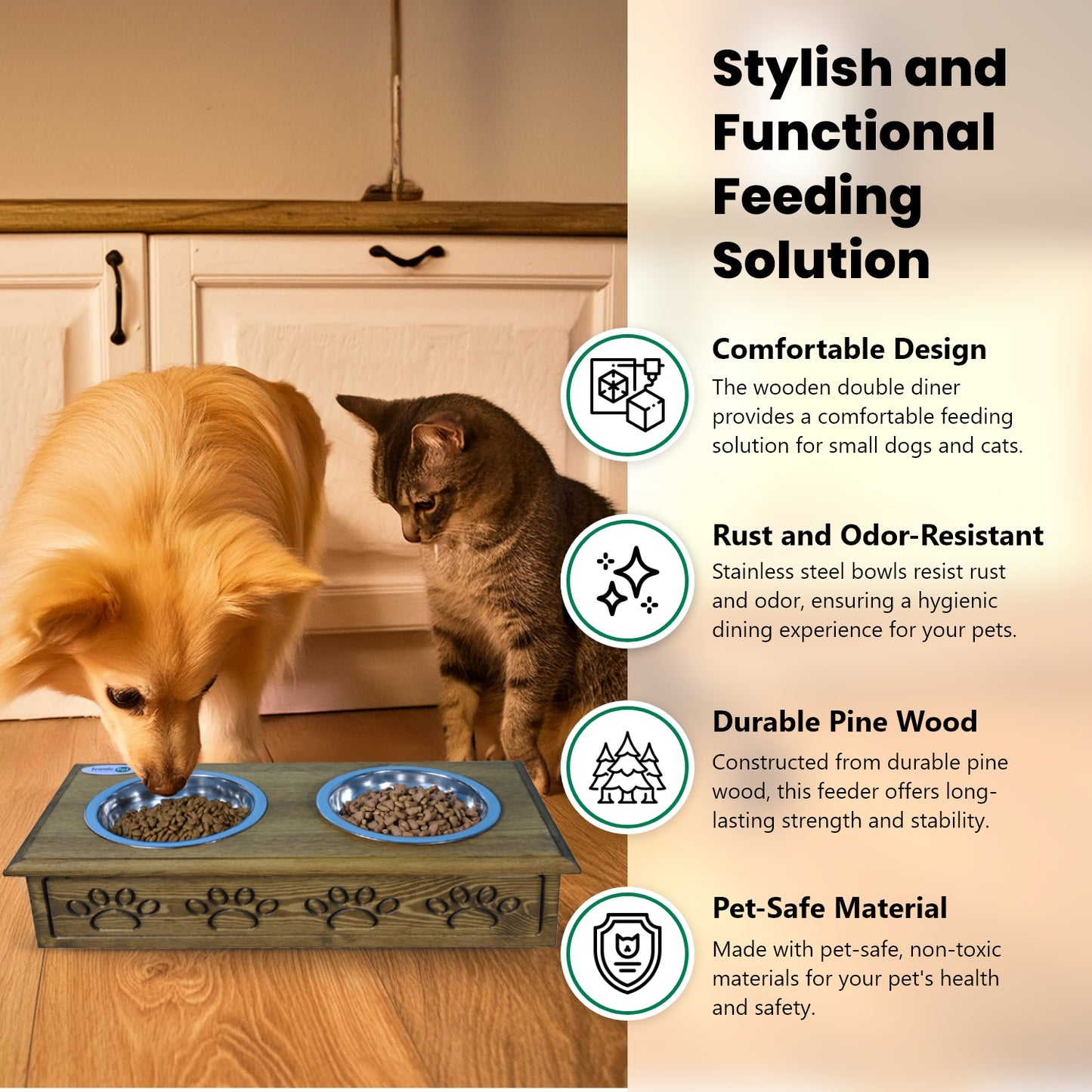 Sassy Paws Wooden Pet Double Diner with Stainless Steel Bowls