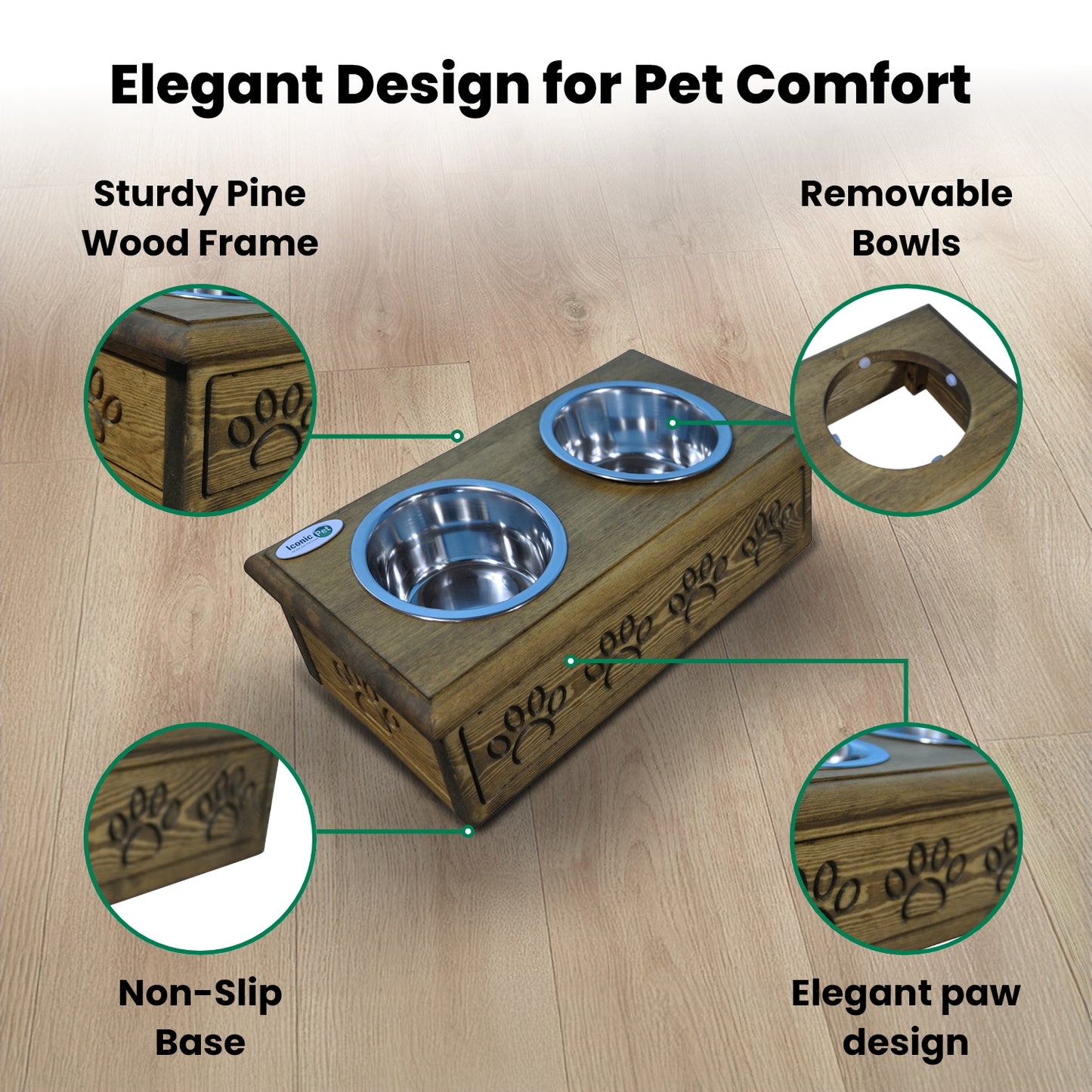 Sassy Paws Wooden Pet Double Diner with Stainless Steel Bowls
