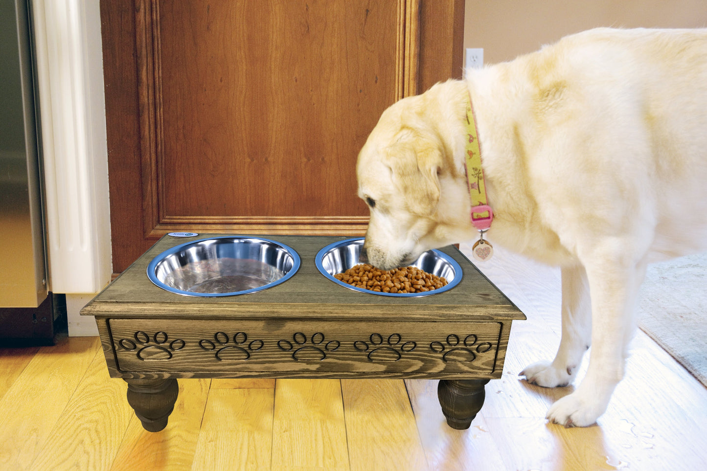 Sassy Paws Raised Wooden Pet Double Diner with Stainless Steel Bowls