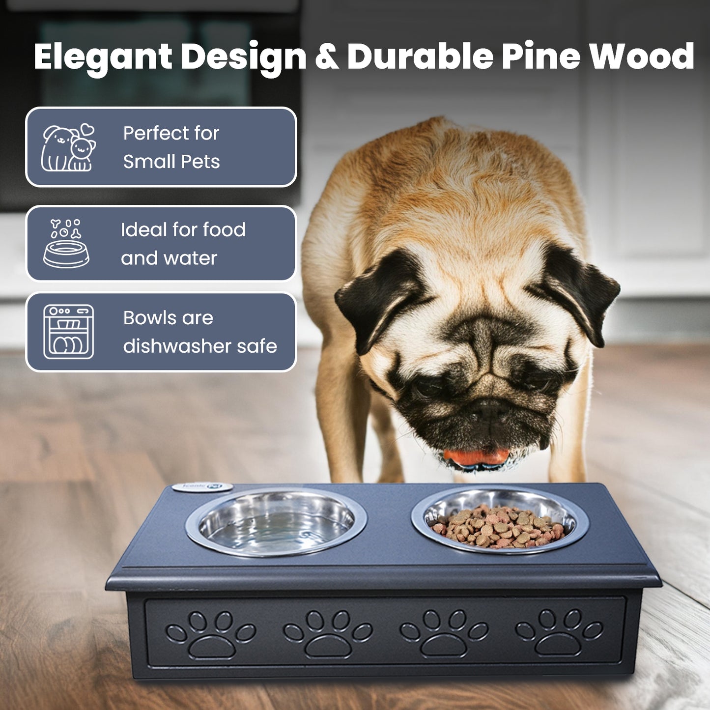 Sassy Paws Wooden Pet Double Diner with Stainless Steel Bowls