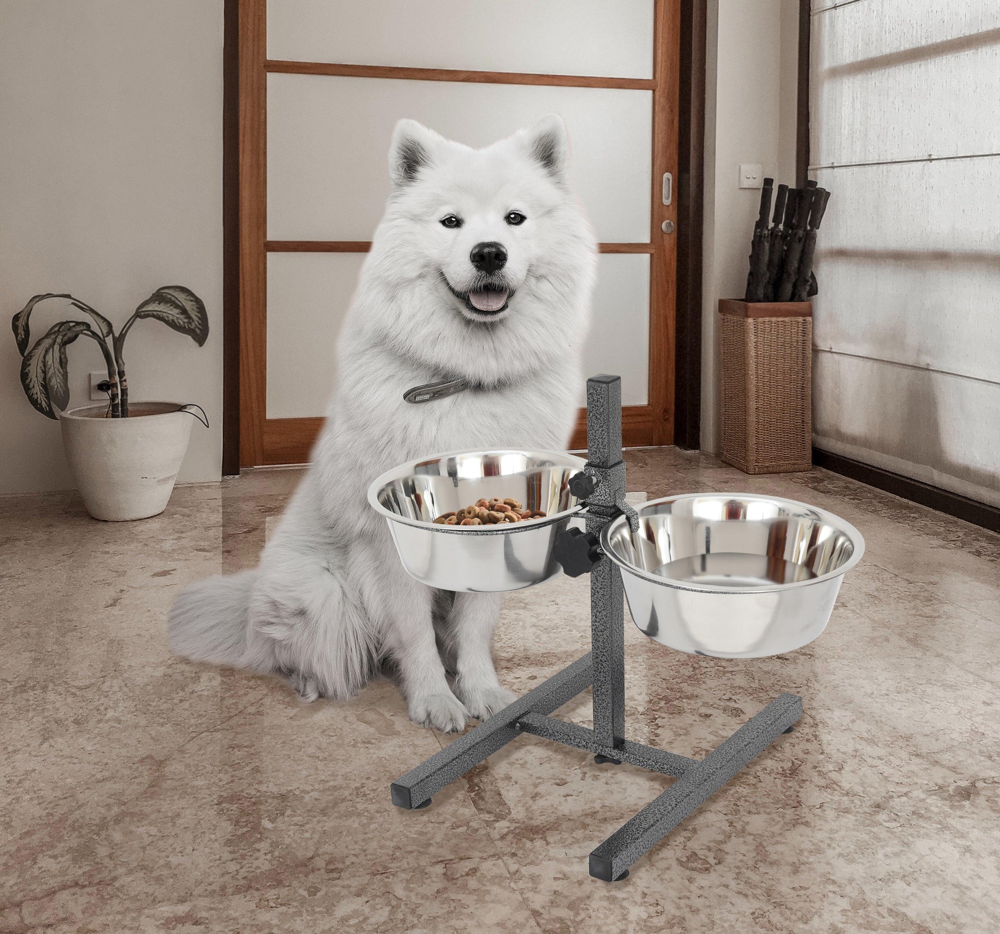 Adjustable Stainless Steel Pet Double Diner - H Design - Iconic Pet, LLC