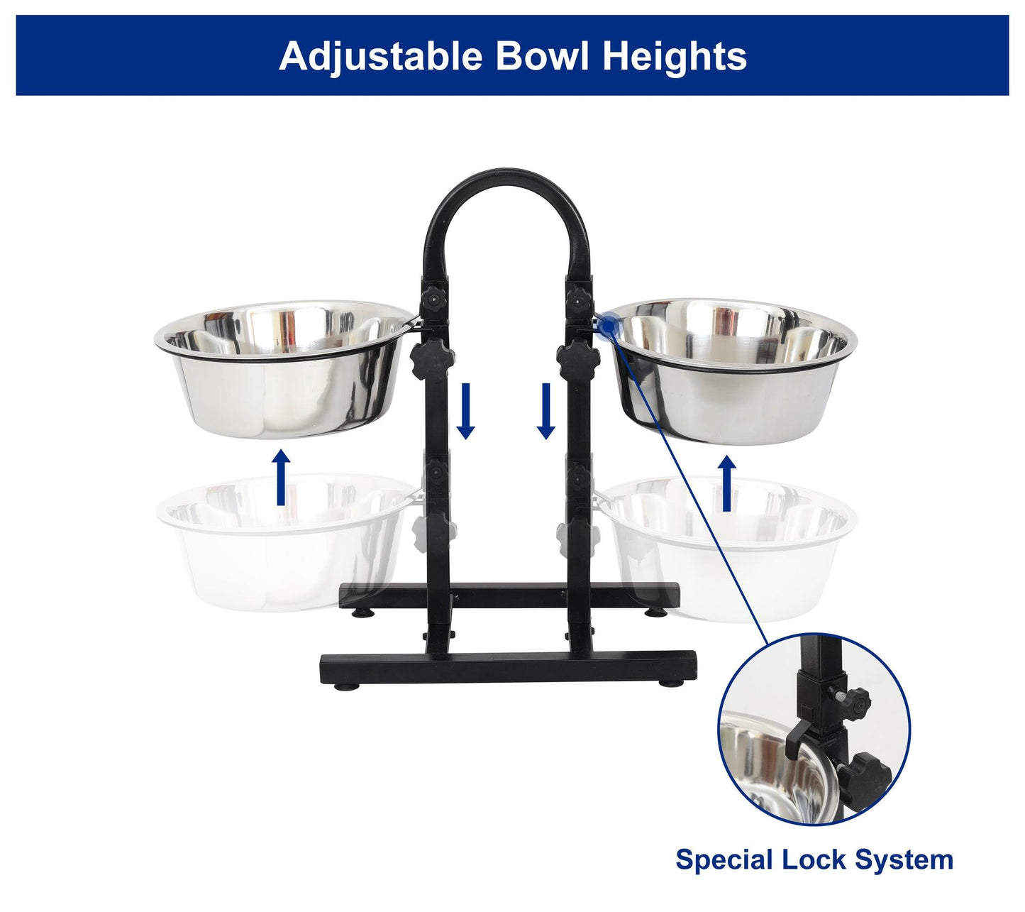 Adjustable Stainless Steel Pet Double Diner for Dog - U Design - Iconic Pet, LLC