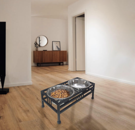 Elevated Rectangular Pet Double Diner with Stainless Steel Bowls for Dogs and Cats - Iconic Pet, LLC