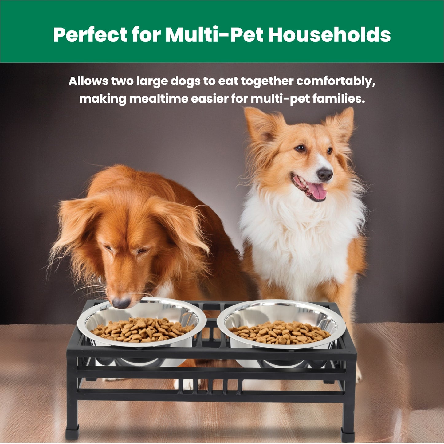 Elevated Rectangular Pet Double Diner with Stainless Steel Bowls for Dogs and Cats