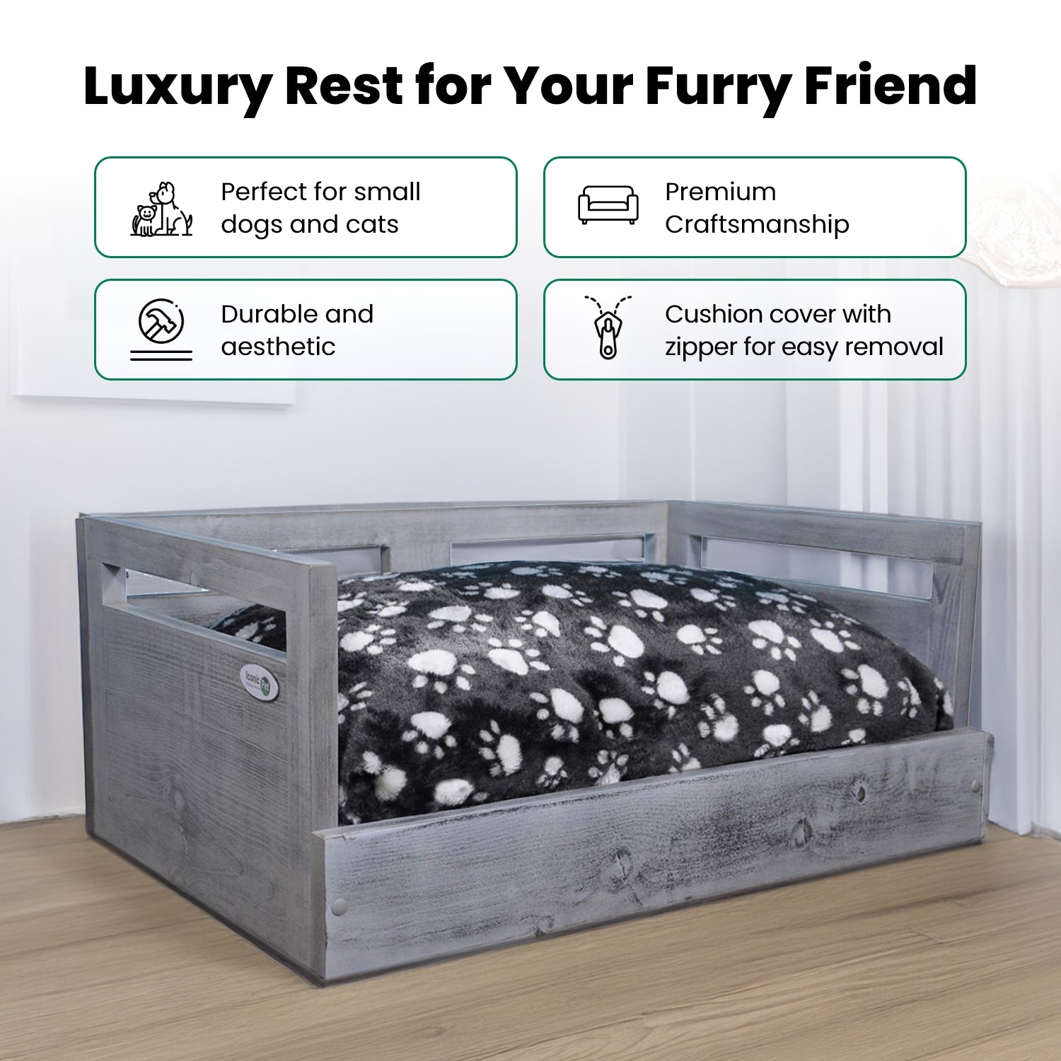 Iconic Pet Sassy Paws Wooden Pet Bed With Removable Cushion For Dogs & Cats