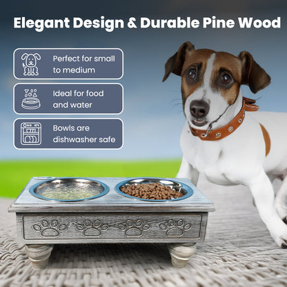 Sassy Paws Raised Wooden Pet Double Diner with Stainless Steel Bowls