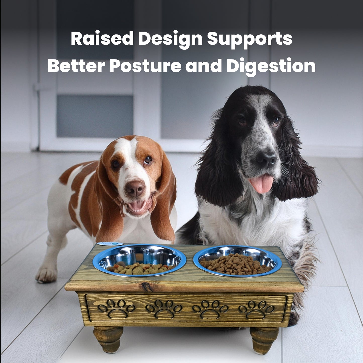 Sassy Paws Raised Wooden Pet Double Diner with Stainless Steel Bowls