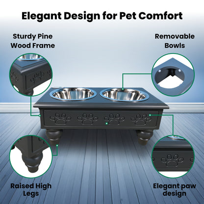 Sassy Paws Raised Wooden Pet Double Diner with Stainless Steel Bowls