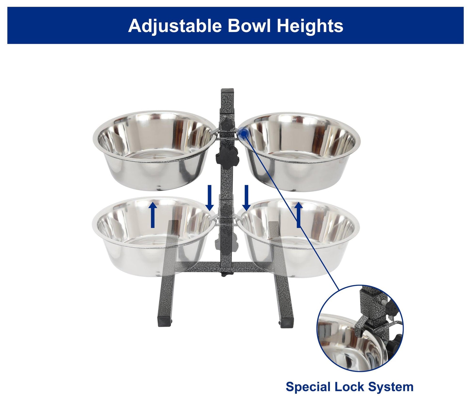 Adjustable Stainless Steel Pet Double Diner - H Design - Iconic Pet, LLC