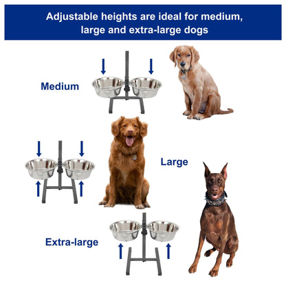 Adjustable Stainless Steel Pet Double Diner - H Design - Iconic Pet, LLC